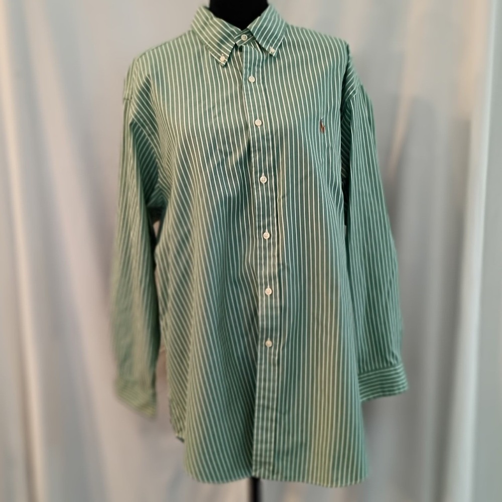 Polo‎ Ralph Lauren Mens Classic Fit Striped Button Down Shirt Green White 17.5 L